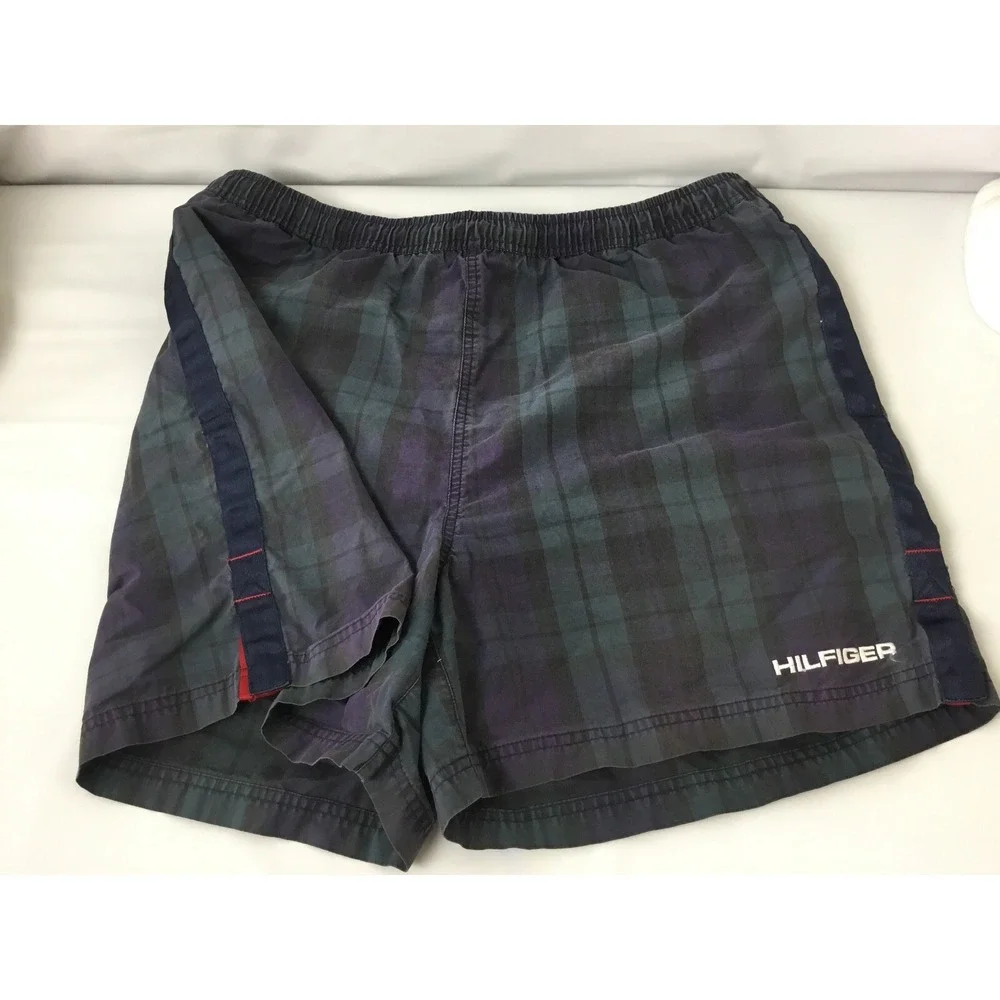 Vintage Tommy Hilfiger Shorts Sz XL Swim Trunks Reto 90s Tartan Plaid Spell Out